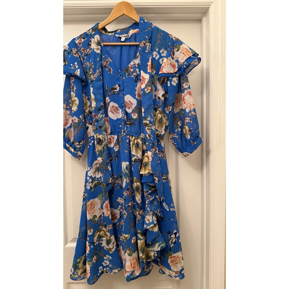 Walter Baker Mini Dress Womens 4 Blue Floral Bird Ruffle V-Neck W71063